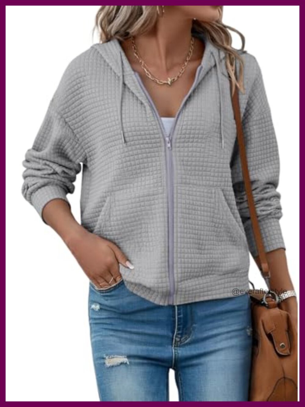 Waffle Knit Oversized Zip Up Hoodie Womens Casual Sweatshirt